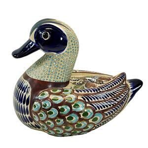 Vintage LRG Mexican Pottery Tonala Duck Hand Painted Owl Fern Detail 9"X12"